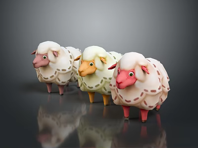 Three Colorful Cartoon Sheep With Fluffy Wool And Cute Faces Standing On Black Reflective Surface 3d model