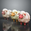 Three Colorful Cartoon Sheep With Fluffy Wool And Cute Faces Standing On Black Reflective Surface
