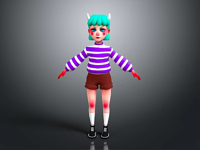 Game and Movie Character Featuring Teal Hair Horns Striped Sweater Brown Shorts Red Hands 3d model
