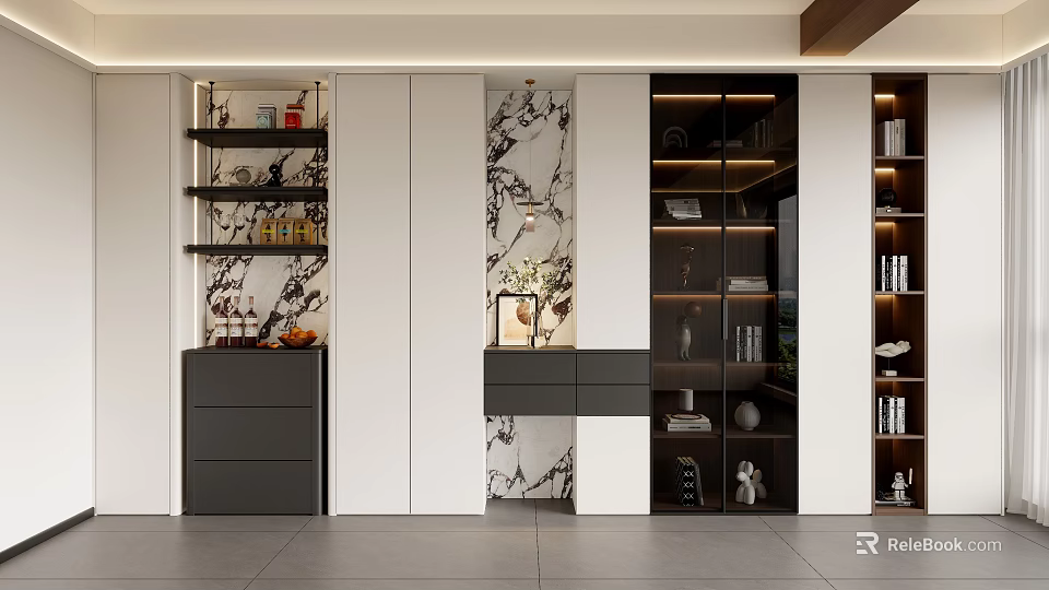 Modern Decorative Cabinet Design With Marble Background Open Shelves For Storage And Decorative Items 3d model 