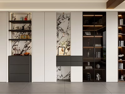 Modern Decorative Cabinet Design With Marble Background Open Shelves For Storage And Decorative Items 3d model