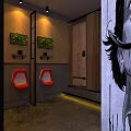 Public Toilet Interior With Wooden Cubicle Doors Gray Walls Sink Mirror And Yellow Strip Lighting