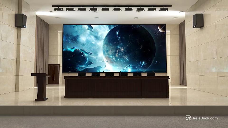Spacious Meeting Room With Large Cosmic Planet Screen Dark Wooden Table And Podium 3d model 