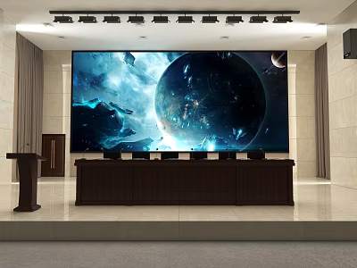Spacious Meeting Room With Large Cosmic Planet Screen Dark Wooden Table And Podium 3d model