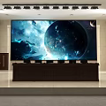 Spacious Meeting Room With Large Cosmic Planet Screen Dark Wooden Table And Podium