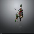 Medieval Knight in Decorative Armor Riding Horse with Squire Holding Lance