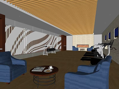 Modern Fitness Gym Interior With Open Layout Wooden Ceiling Blue Sofas And Treadmills 3d model