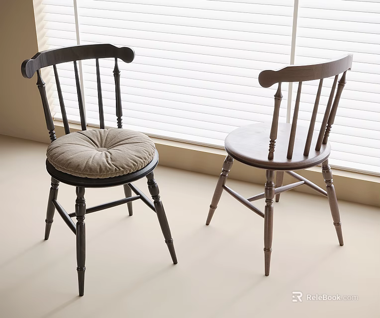 Wooden Spindle Back Chair with Upholstered Beige Seat in Bright Room with Blinds 3d model 