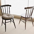 Wooden Spindle Back Chair with Upholstered Beige Seat in Bright Room with Blinds