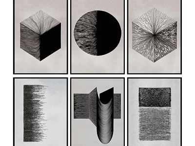 Black and White Abstract Paintings with Geometric Shapes and Intricate Line Patterns 3d model