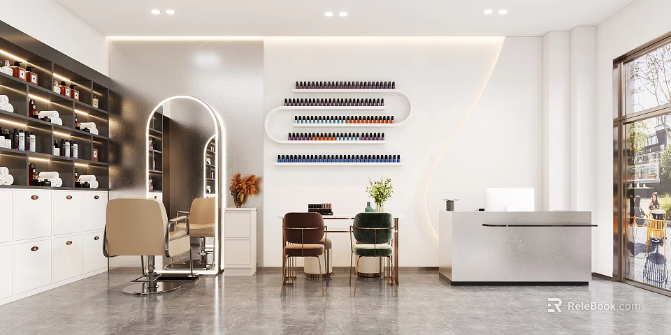 Modern Beauty Hair Salon Interior With Styling Chairs Nail Polish Display And Reception Desk 3d model 