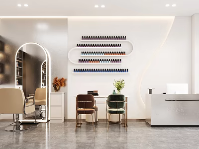 Modern Beauty Hair Salon Interior With Styling Chairs Nail Polish Display And Reception Desk 3d model