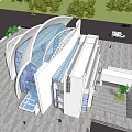 Ancient Architecture Featuring White Curved Structures Glass Curtain Walls Tower People Walking On Stone Pavement