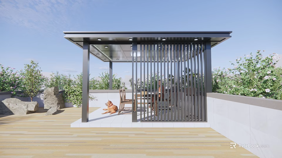 Modern Patio Pavilion With Black Metal Frame Wooden Flooring Dog Resting And Surrounding Green Plants 3d model 