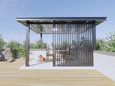 Modern Patio Pavilion With Black Metal Frame Wooden Flooring Dog Resting And Surrounding Green Plants 3d model