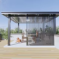 Modern Patio Pavilion With Black Metal Frame Wooden Flooring Dog Resting And Surrounding Green Plants