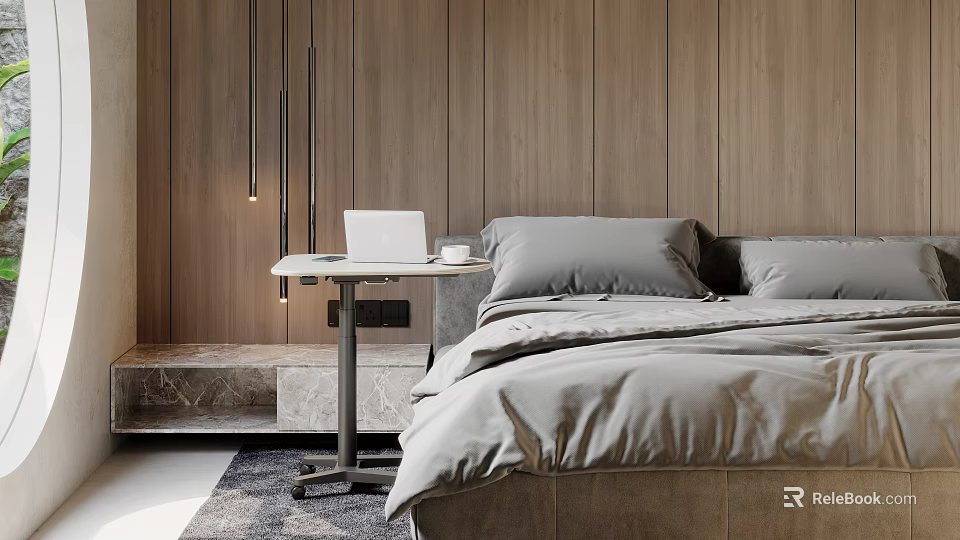 Modern Bedroom With Wooden Walls Gray Bed Linens Laptop On Side Table And Hanging Lights 3d model 