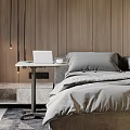 Modern Bedroom With Wooden Walls Gray Bed Linens Laptop On Side Table And Hanging Lights