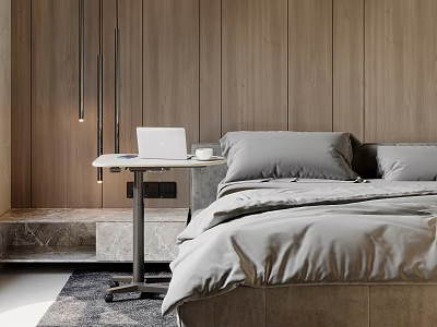 Modern Bedroom With Wooden Walls Gray Bed Linens Laptop On Side Table And Hanging Lights 3d model