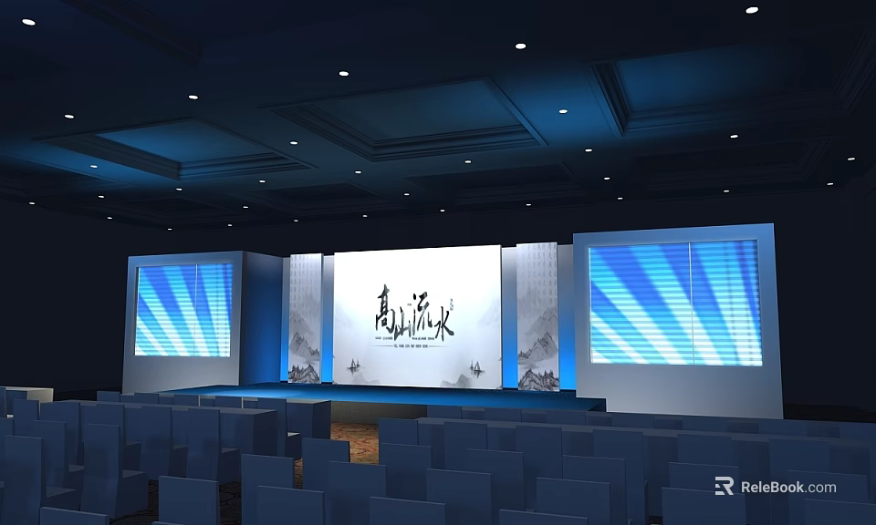 Conference Hall Interior With Stage Large Screens Qingyuan Liushui Text And Seats 3d model 