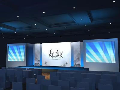 Conference Hall Interior With Stage Large Screens Qingyuan Liushui Text And Seats 3d model