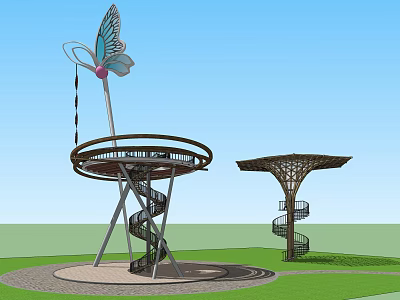 Modern Tower With Spiral Staircase Circular Observation Deck And Butterfly Decoration In Green Lawn 3d model