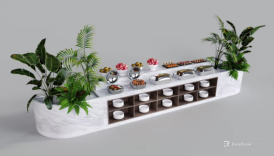 Elegant Marble Buffet Table With Fresh Food Plants And Storage Compartments 3d model