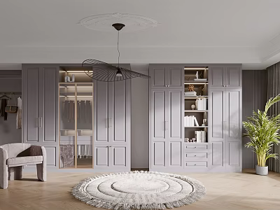 Modern Grey Wardrobe Interior Design With Glass Doors Drawers And Round Rug 3d model