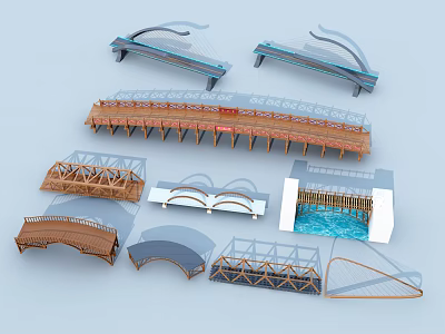 Various Bridge Designs Showcasing Diverse Structural Styles and Materials 3d model
