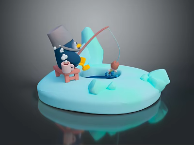 Little Character In Hat Sitting On Chair Fishing With Rod On Ice Catching Small Fish 3d model