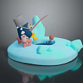 Little Character In Hat Sitting On Chair Fishing With Rod On Ice Catching Small Fish