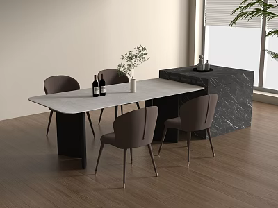 Modern Dining Table With White Marble Top And Brown Chairs Near Window Green Plant 3d model
