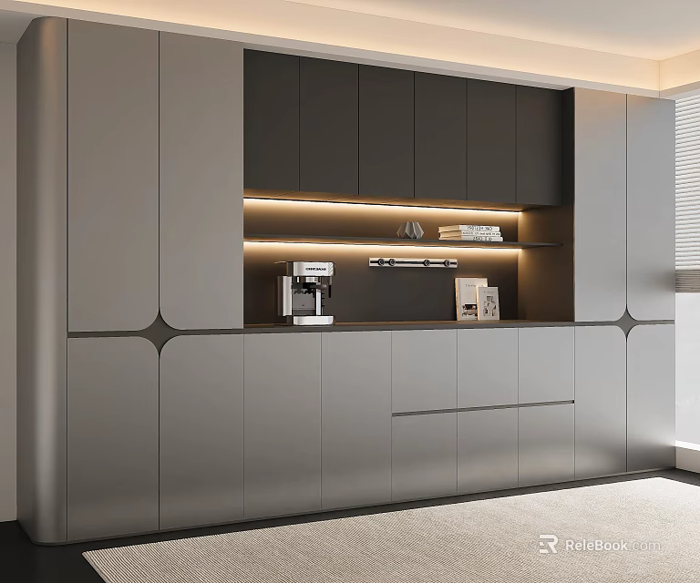 Modern Minimalist Built In Sideboard Cabinet With Ambient Lighting And Functional Large Storage Design 3d model 