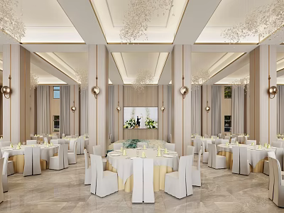 Luxurious Banquet Hall Interior With Crystal Chandeliers White Tables And Chairs 3d model