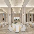 Luxurious Banquet Hall Interior With Crystal Chandeliers White Tables And Chairs