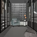 Modern Walk-in Closet Interior Design With Glass Doors Blinds Blue Chair Rug And Pendant Lights