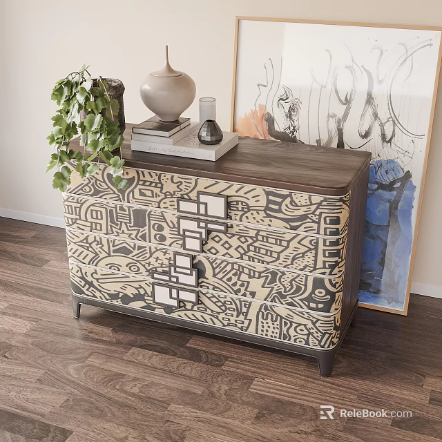 Entryway Console Cabinet with Patterned Design Decorative Vase Books Green Plant and Wall Art 3d model 