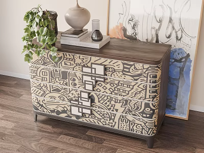 Entryway Console Cabinet with Patterned Design Decorative Vase Books Green Plant and Wall Art 3d model