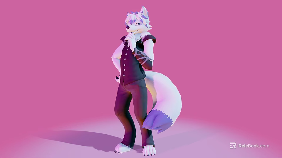Fox Like Game And Movie Character With White Purple Fur Fluffy Tail Black Vest 3d model 