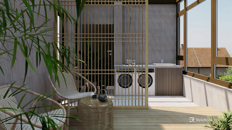 Rooftop Garden With Golden Lattice Screen Wicker Chairs Rattan Table And Wooden Deck 3d model 