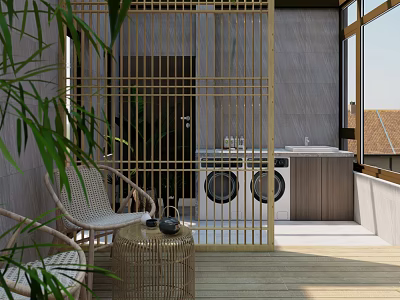 Rooftop Garden With Golden Lattice Screen Wicker Chairs Rattan Table And Wooden Deck 3d model