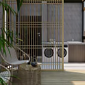 Rooftop Garden With Golden Lattice Screen Wicker Chairs Rattan Table And Wooden Deck