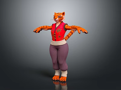 3D Tiger Character in Red Vest Purple Pants Standing with Arms Outstretched on Gray Background 3d model