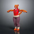3D Tiger Character in Red Vest Purple Pants Standing with Arms Outstretched on Gray Background