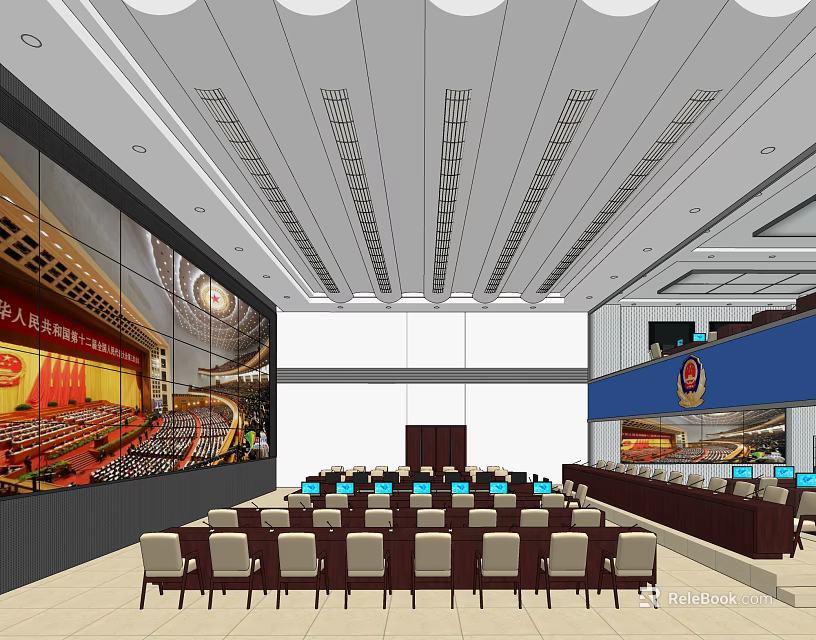 Police Monitoring Room With Large Display Wall Control Desks And Surveillance Equipment 3d model 