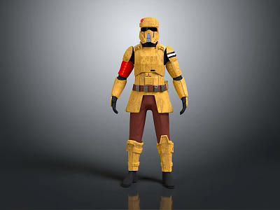 3D Armored Warrior Character in Yellow Armor with Red Shoulder Patch and Brown Pants 3d model