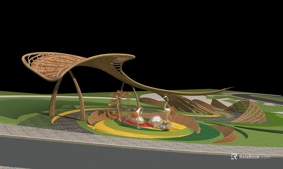Elegant Pergola Structure With Curved Wooden Design Green Lawn And Decorative Cranes 3d model 