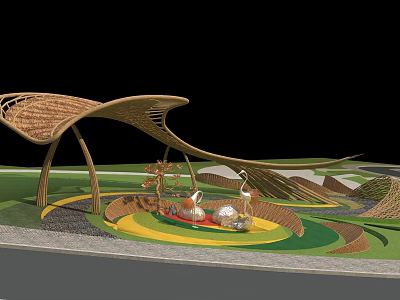 Elegant Pergola Structure With Curved Wooden Design Green Lawn And Decorative Cranes 3d model