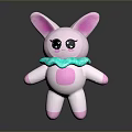 Cute Pink Rabbit Plush Toy With Big Black Eyes And Blue Bow On Reflective Surface