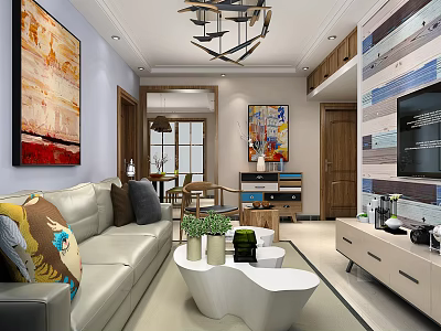 Modern Living Room Interior With Beige Sofa Colorful Pillows Wooden TV Wall And Decorative Paintings 3d model